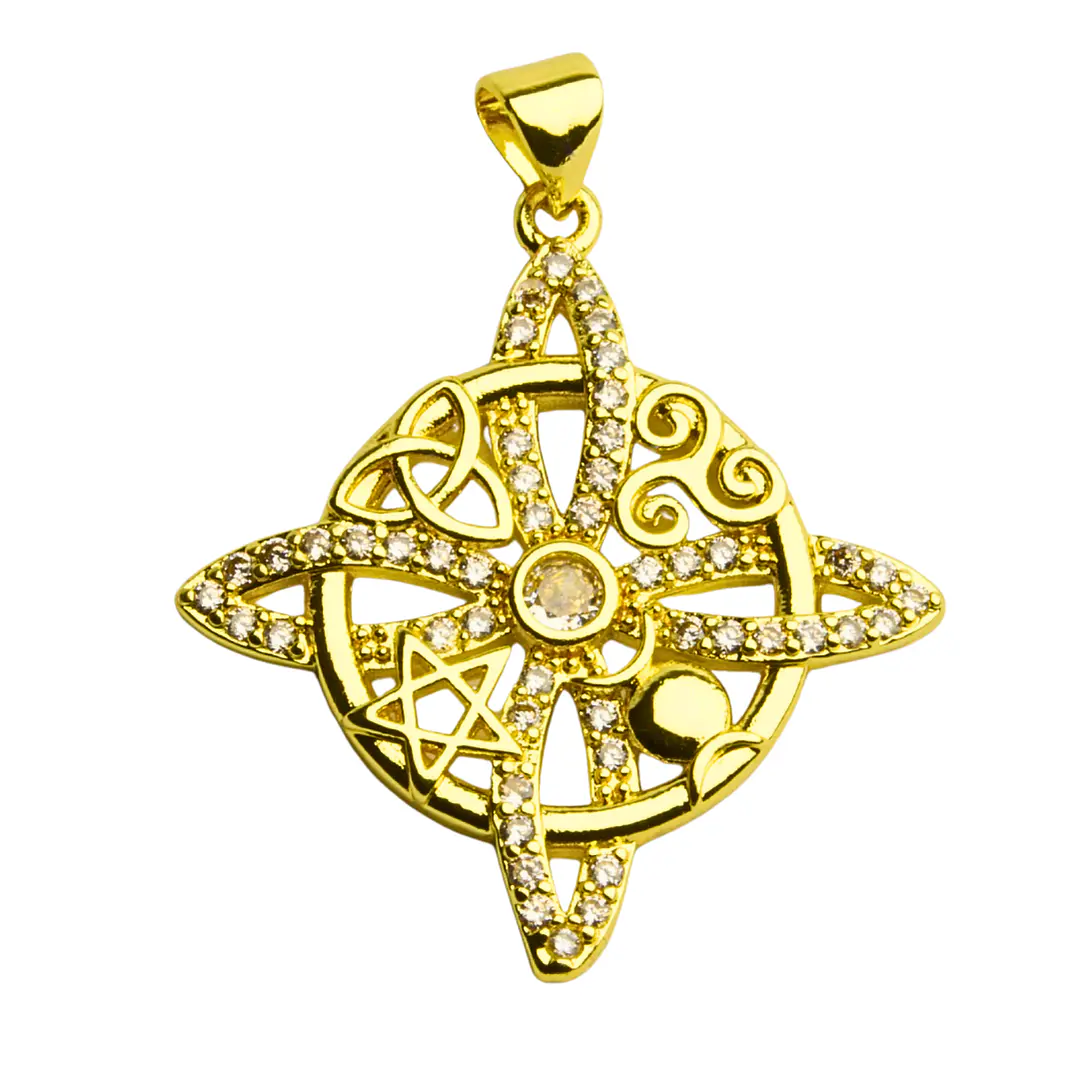 Colgante nudo de bruja enchapado en oro con circones y 4 símbolos 1