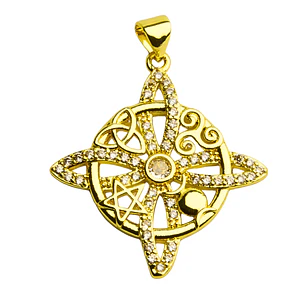 Colgante nudo de bruja enchapado en oro con circones y 4 símbolos