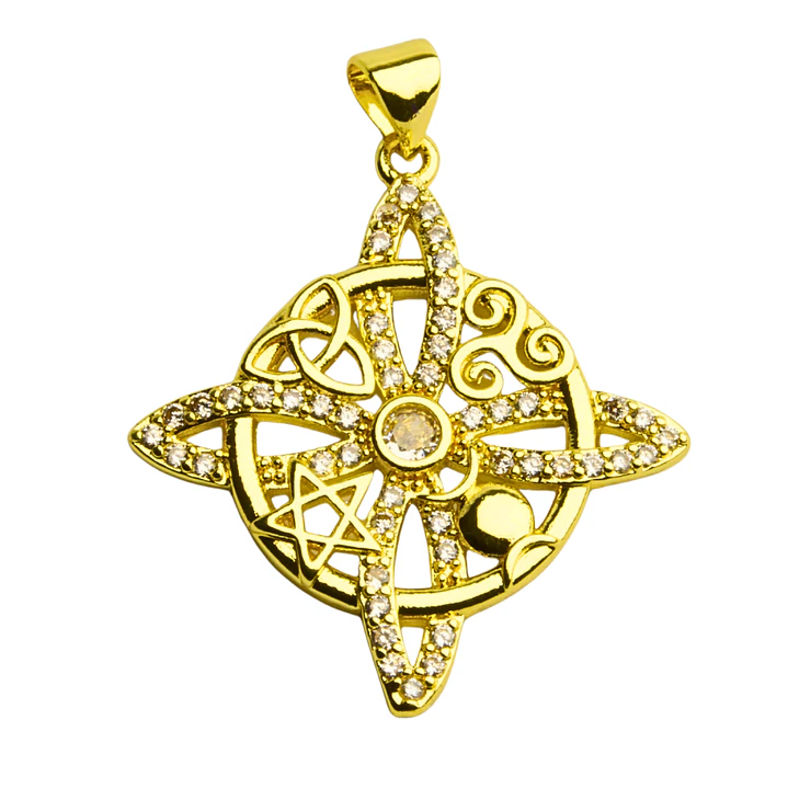 Colgante nudo de bruja enchapado en oro con circones y 4 símbolos 1