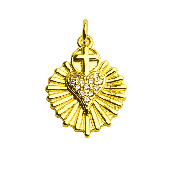 Colgante corazón santísimo y cruz con circones enchapado en oro 1
