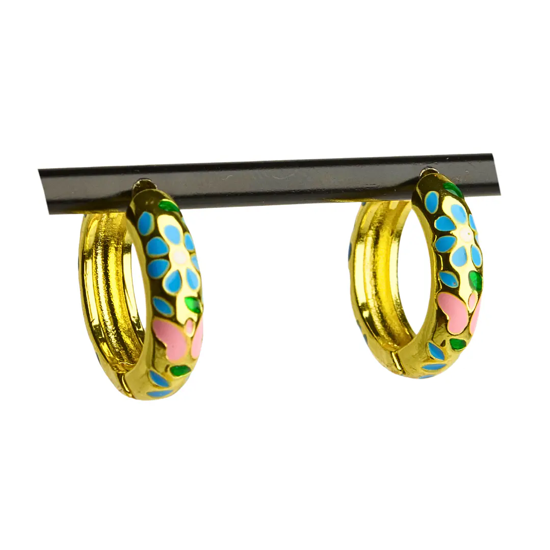 Aros argolla enchapado en oro con flores y mariposa de colores I 1