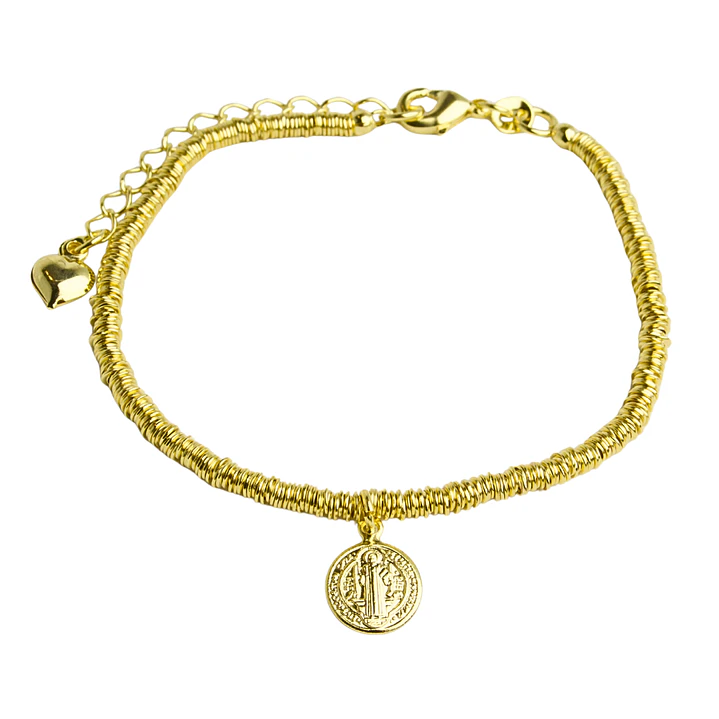 Pulsera con medalla de San Benito y mostacillas de argolla enchapada en oro 1