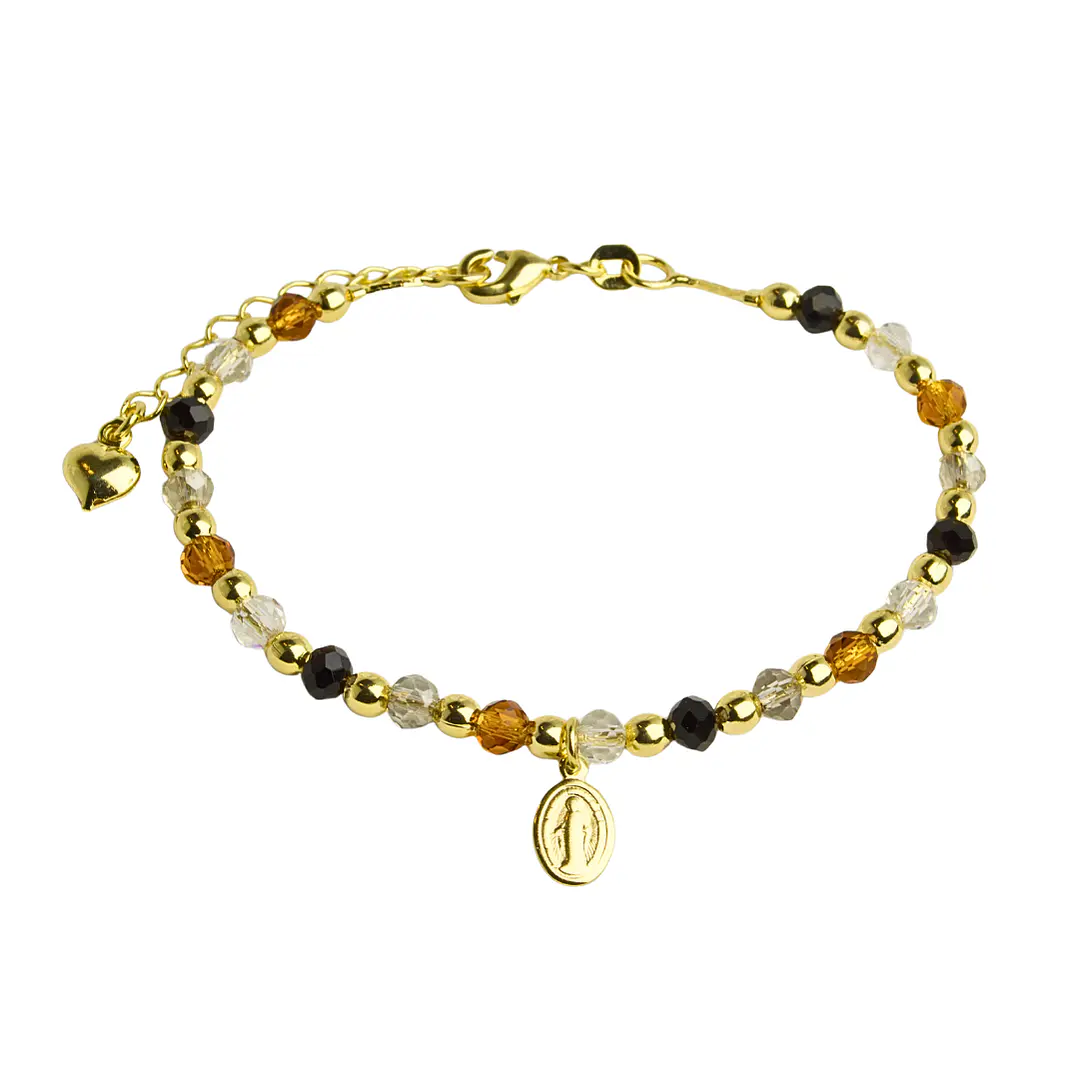 Pulsera con medalla de Virgen de los Rayos con cristales de colores y balines enchapada en oro 1