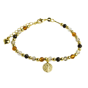 Pulsera con medalla de San Benito con cristales de colores y balines enchapada en oro