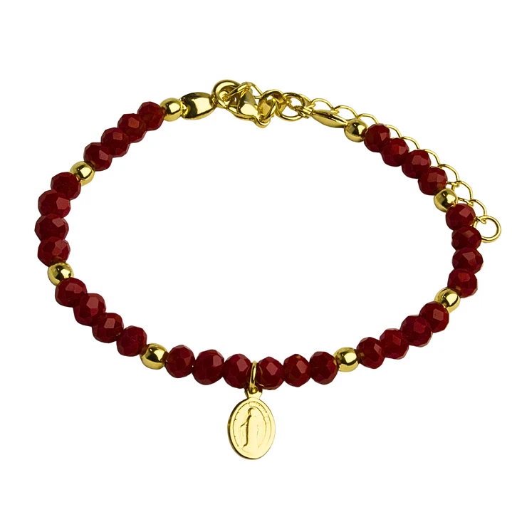 Pulsera con medalla de Virgen de los Rayos con cristales rojos y balines enchapada en oro 1