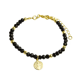 Pulsera con medalla de San Benito con cristales negros y balines enchapada en oro