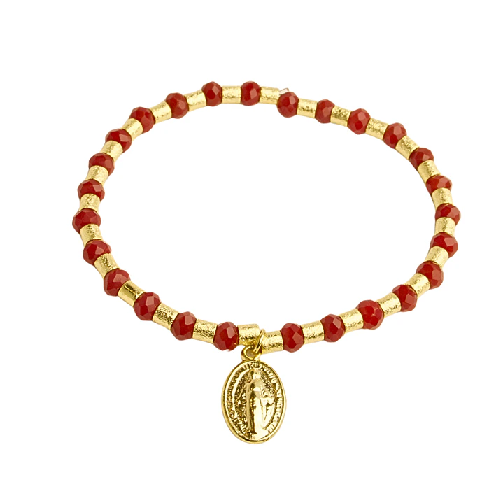 Pulsera elástica con mostacilla satinada, cristales rojos y medalla de Virgen de los Rayos enchapada en oro 1