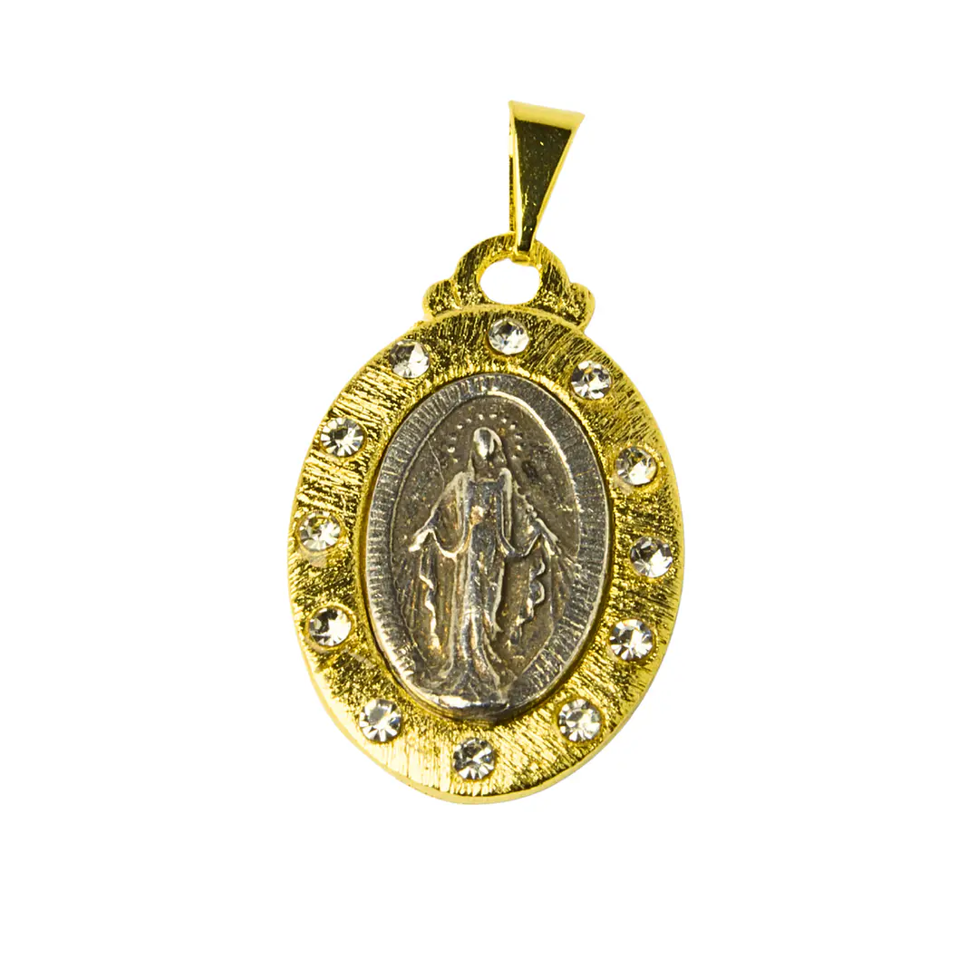 Medalla Virgen de los Rayos Bicolor con circones enchape en oro y peltre 1