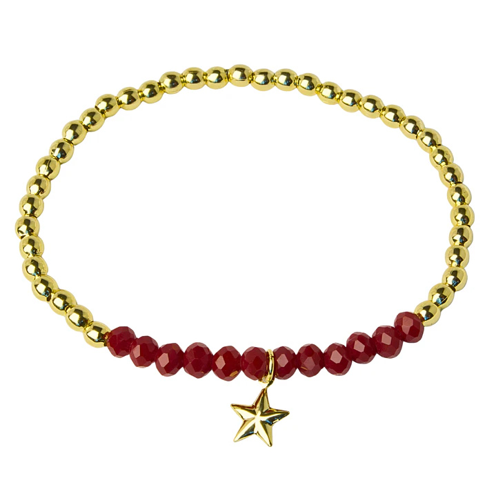 Pulsera Elástica Balines y Cristales Rojos, Estrella Colgante Enchape Oro 1