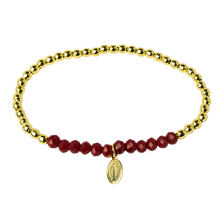 Pulsera Elástica Balines y Cristales rojo, Virgen de lo Rayos Enchape Oro 1