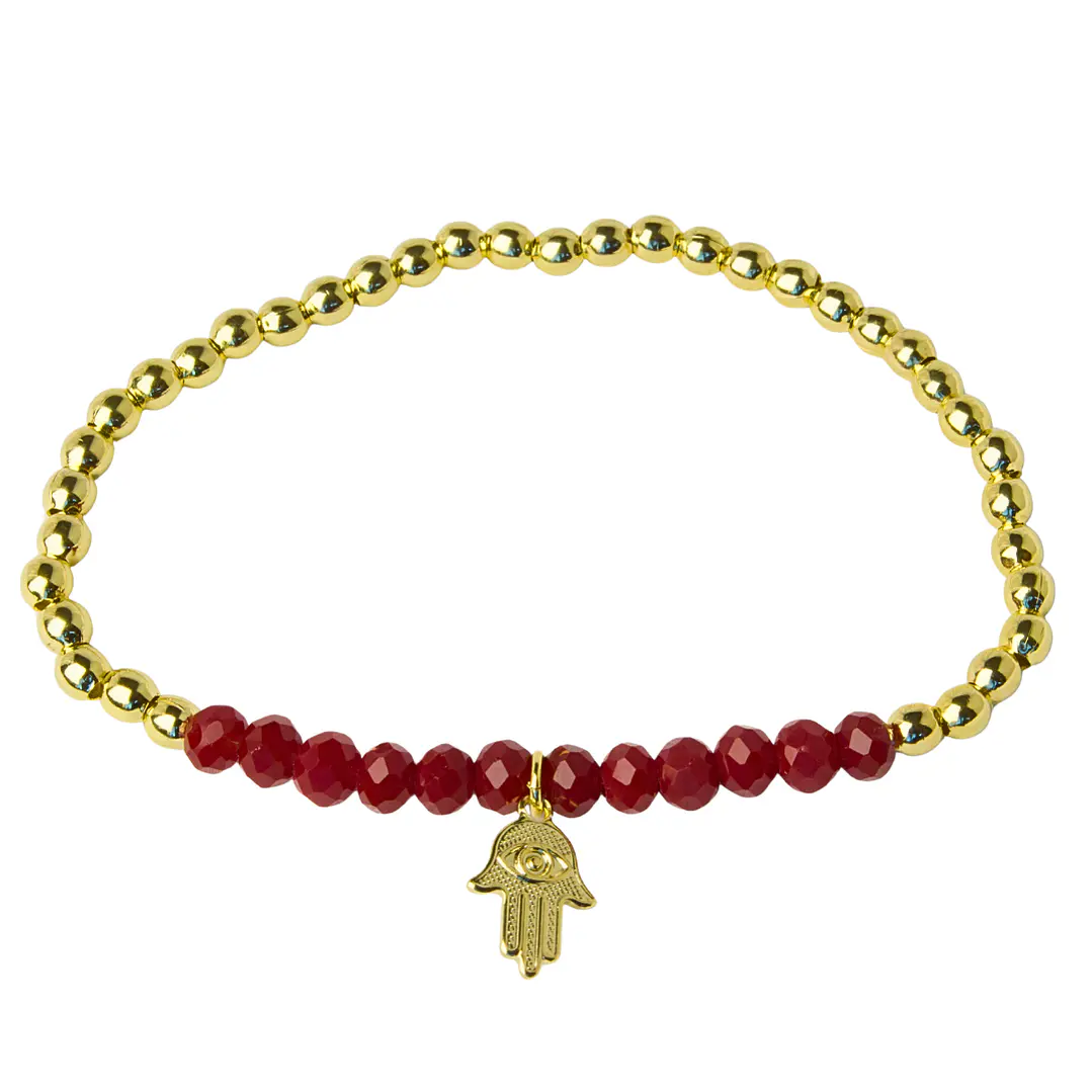 Pulsera Elástica Balines y Cristales Rojos, Mano de Fátima Enchape Oro 1