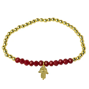 Pulsera Elástica Balines y Cristales Rojos, Mano de Fátima Enchape Oro