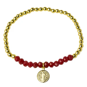 Pulsera Elástica Balines y Cristales Rojos, San Benito Enchape Oro
