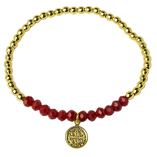 Pulsera Elástica Balines y Cristales Rojos, San Benito Enchape Oro