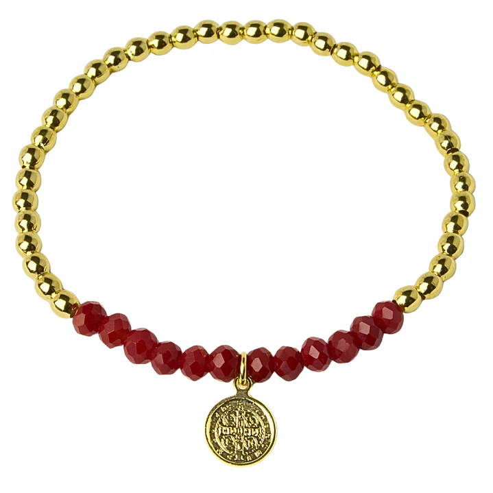 Pulsera Elástica Balines y Cristales Rojos, San Benito Enchape Oro 2