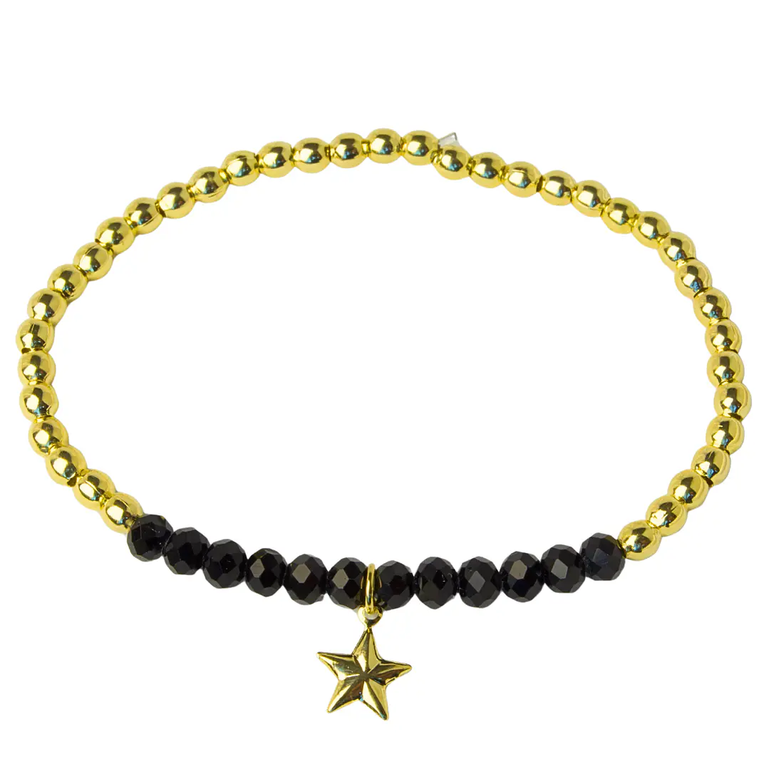 Pulsera Elástica Balines y Cristales Negros, Estrella Colgante Enchape Oro 1