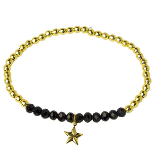 Pulsera Elástica Balines y Cristales Negros, Estrella Colgante Enchape Oro