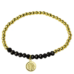 Pulsera Elástica Balines y Cristales Negros, San Benito Enchape Oro