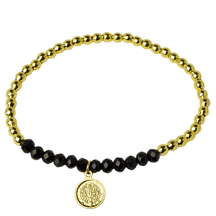 Pulsera Elástica Balines y Cristales Negros, San Benito Enchape Oro 2