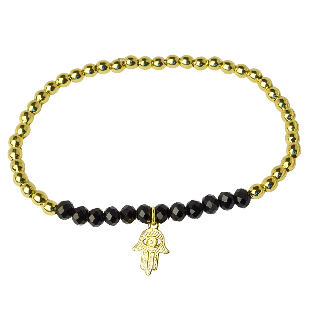 Pulsera Elástica Balines y Cristales Negros, Mano de Fátima Enchape Oro 1