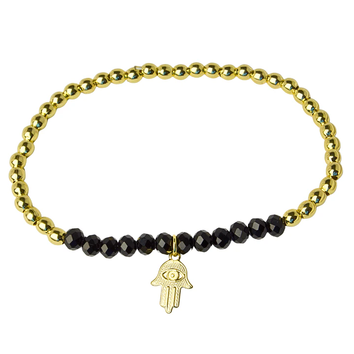 Pulsera Elástica Balines y Cristales Negros, Mano de Fátima Enchape Oro 1