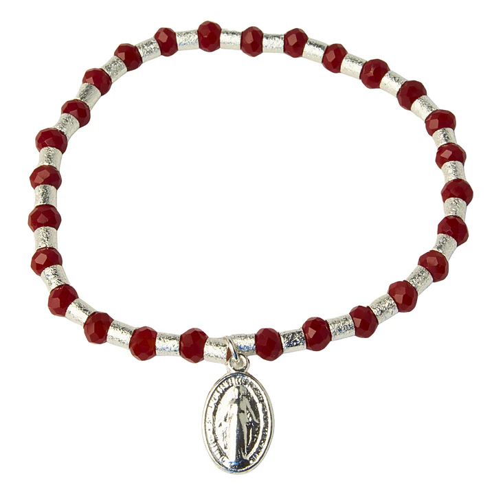 Pulsera Elástica Mostacilla Satinada, Cristales Rojos y Medalla de Virgen de los Rayos Enchape Plata 1