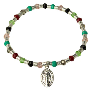Pulsera Elástica Mostacilla Satinada, Cristales de Colores y Medalla de Virgen de los Rayos Enchape Plata