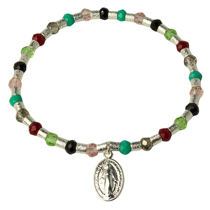 Pulsera Elástica Mostacilla Satinada, Cristales de Colores y Medalla de Virgen de los Rayos Enchape Plata 1