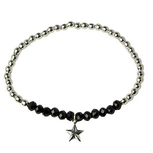 Pulsera Elástica Balines y Cristales Negros, Estrella Colgante Enchape Plata