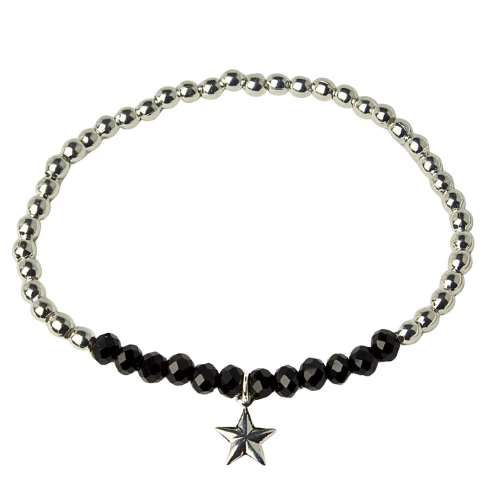 Pulsera Elástica Balines y Cristales Negros, Estrella Colgante Enchape Plata 1