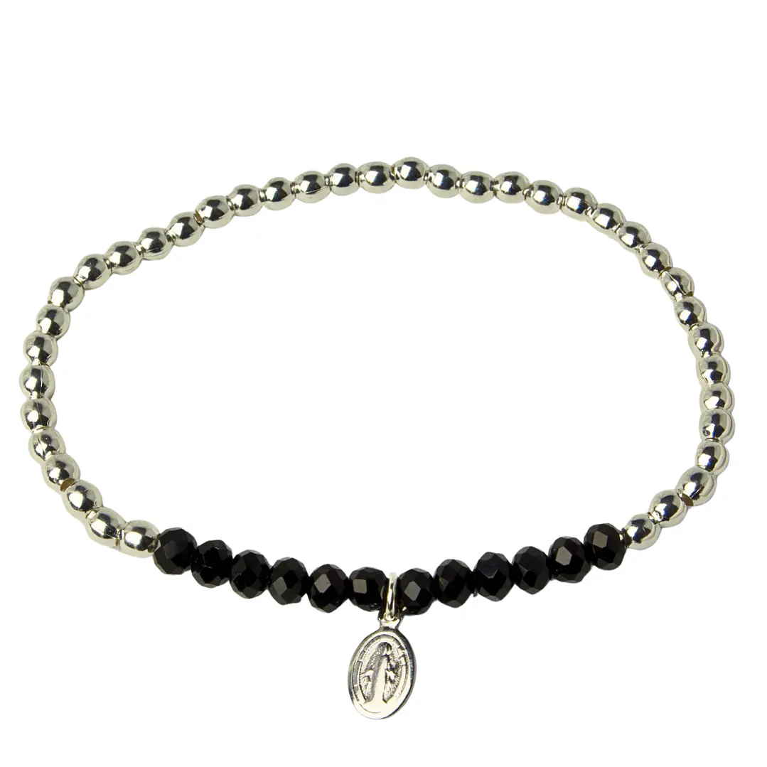 Pulsera Elástica Balines y Cristales Negros, Virgen de lo Rayos Enchape Plata 1