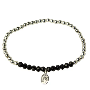 Pulsera Elástica Balines y Cristales Negros, Virgen de lo Rayos Enchape Plata