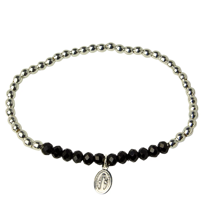 Pulsera Elástica Balines y Cristales Negros, Virgen de lo Rayos Enchape Plata 1