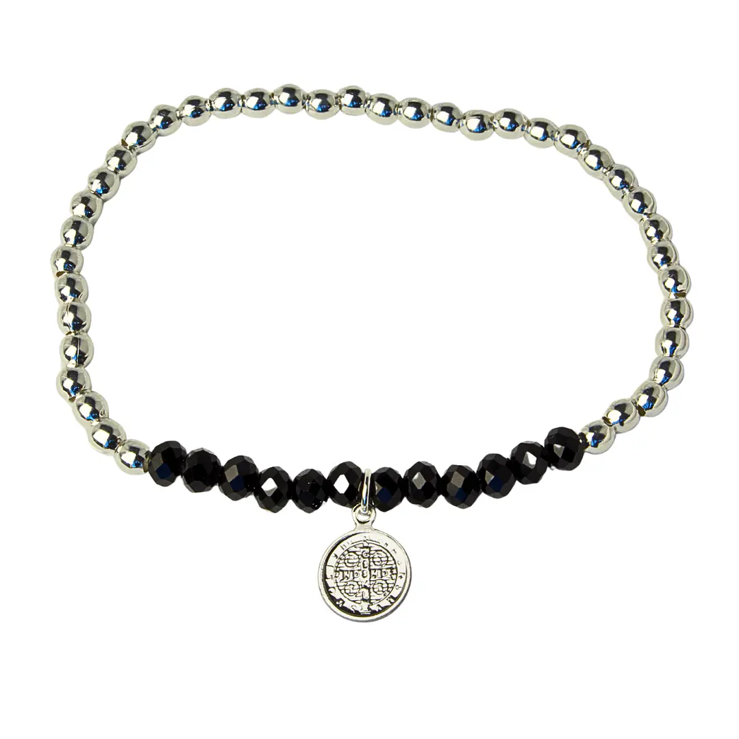 Pulsera Elástica Balines y Cristales Negros, San Benito Enchape Plata 2