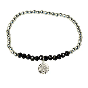 Pulsera Elástica Balines y Cristales Negros, San Benito Enchape Plata