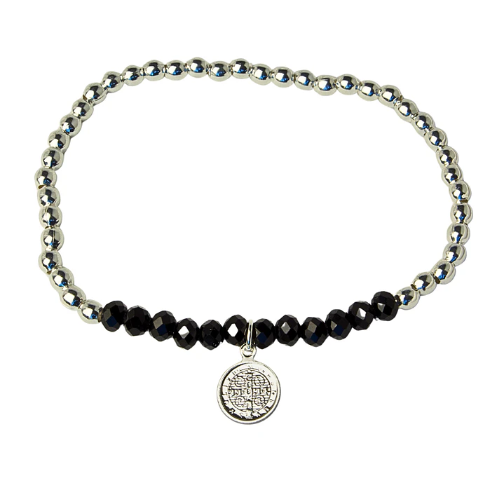 Pulsera Elástica Balines y Cristales Negros, San Benito Enchape Plata 2