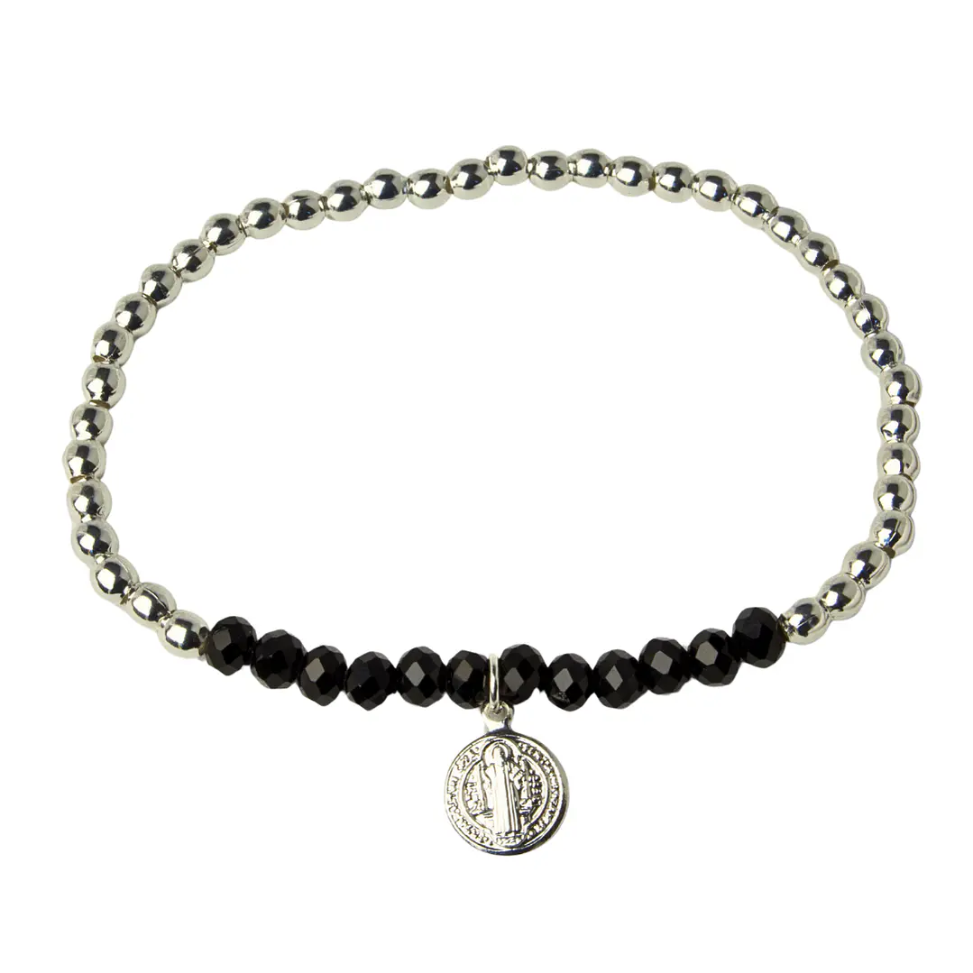 Pulsera Elástica Balines y Cristales Negros, San Benito Enchape Plata 1