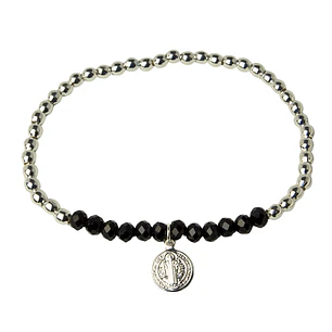 Pulsera Elástica Balines y Cristales Negros, San Benito Enchape Plata