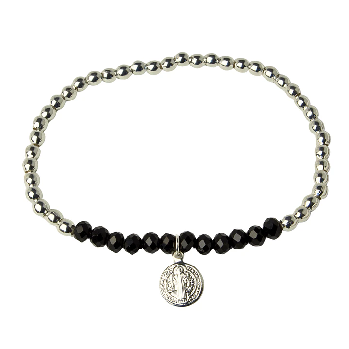 Pulsera Elástica Balines y Cristales Negros, San Benito Enchape Plata 1