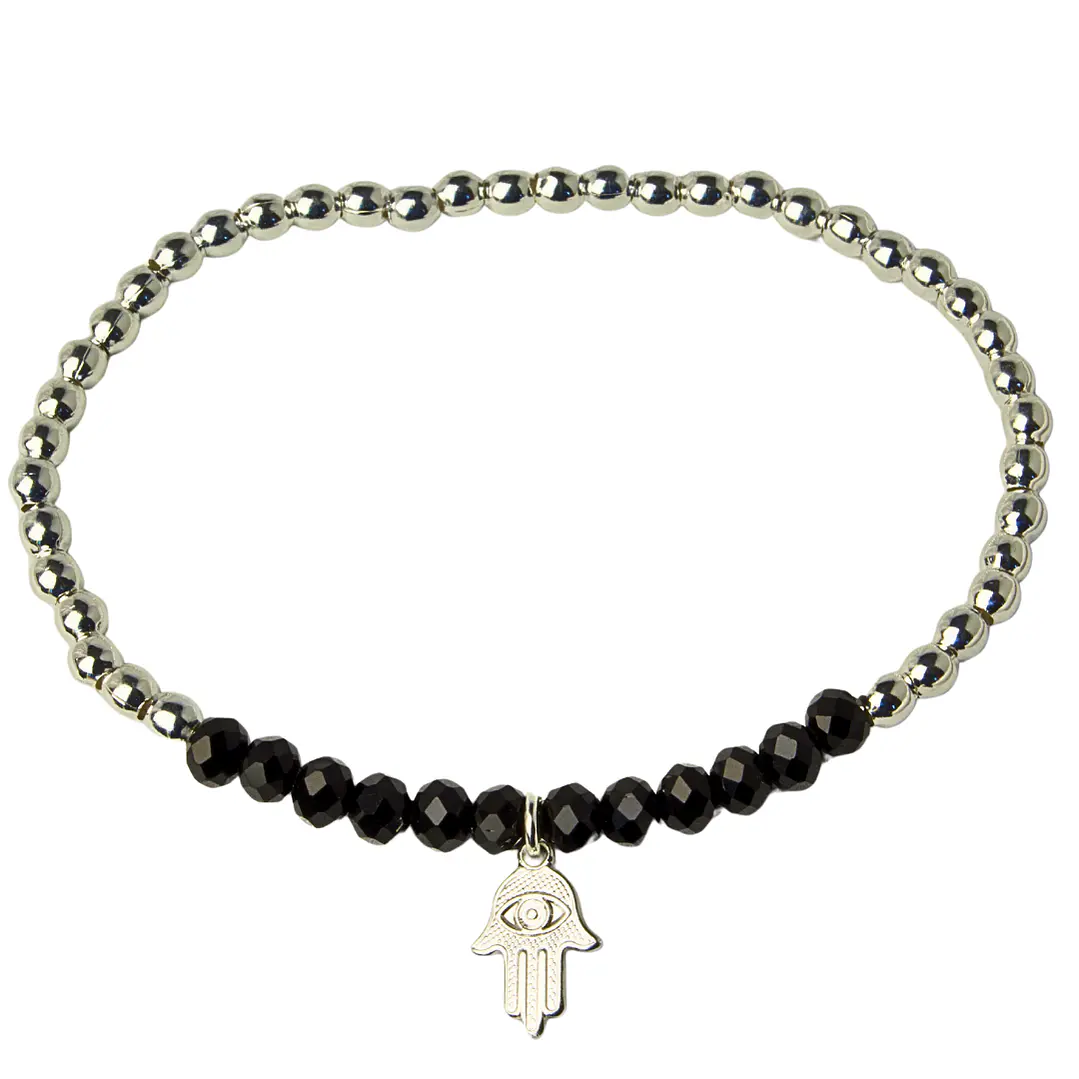 Pulsera Elástica Balines y Cristales Negros, Mano de Fátima Enchape Plata 1