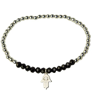 Pulsera Elástica Balines y Cristales Negros, Mano de Fátima Enchape Plata
