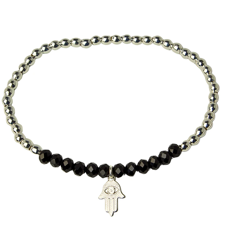 Pulsera Elástica Balines y Cristales Negros, Mano de Fátima Enchape Plata 1
