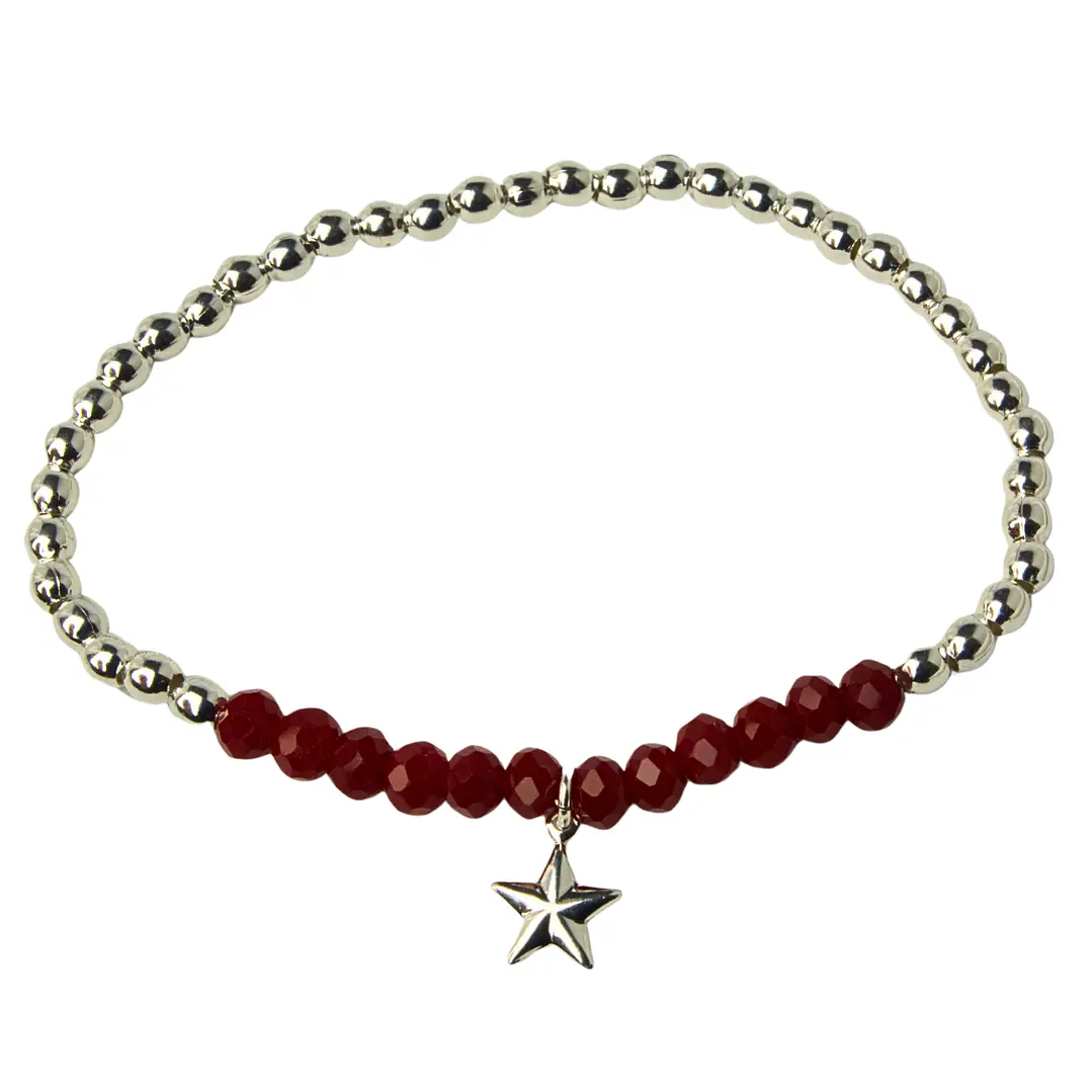Pulsera Elástica Balines y Cristales Rojos, Estrella Colgante Enchape Plata 1