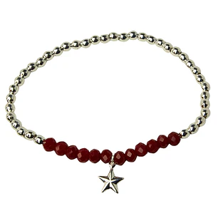 Pulsera Elástica Balines y Cristales Rojos, Estrella Colgante Enchape Plata