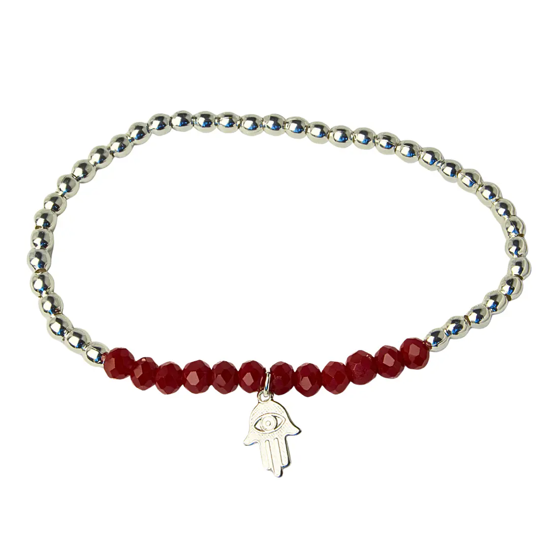 Pulsera Elástica Balines y Cristales Rojos, Mano de Fátima Enchape Plata 1