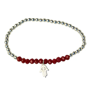 Pulsera Elástica Balines y Cristales Rojos, Mano de Fátima Enchape Plata