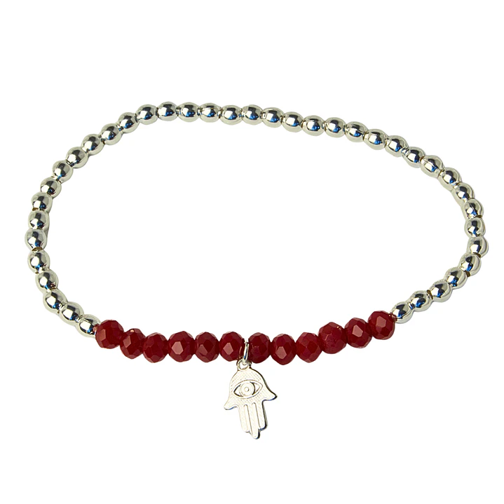 Pulsera Elástica Balines y Cristales Rojos, Mano de Fátima Enchape Plata 1