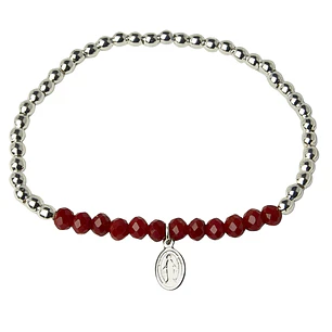 Pulsera Elástica Balines y Cristales Rojos, Virgen de lo Rayos Enchape Plata