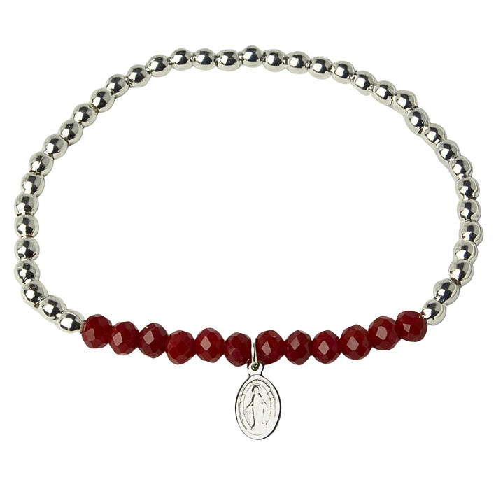 Pulsera Elástica Balines y Cristales Rojos, Virgen de lo Rayos Enchape Plata 1
