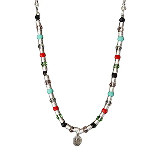 Collar mostacilla satinada y cristales con colgante virgen de los rayos enchape en plata